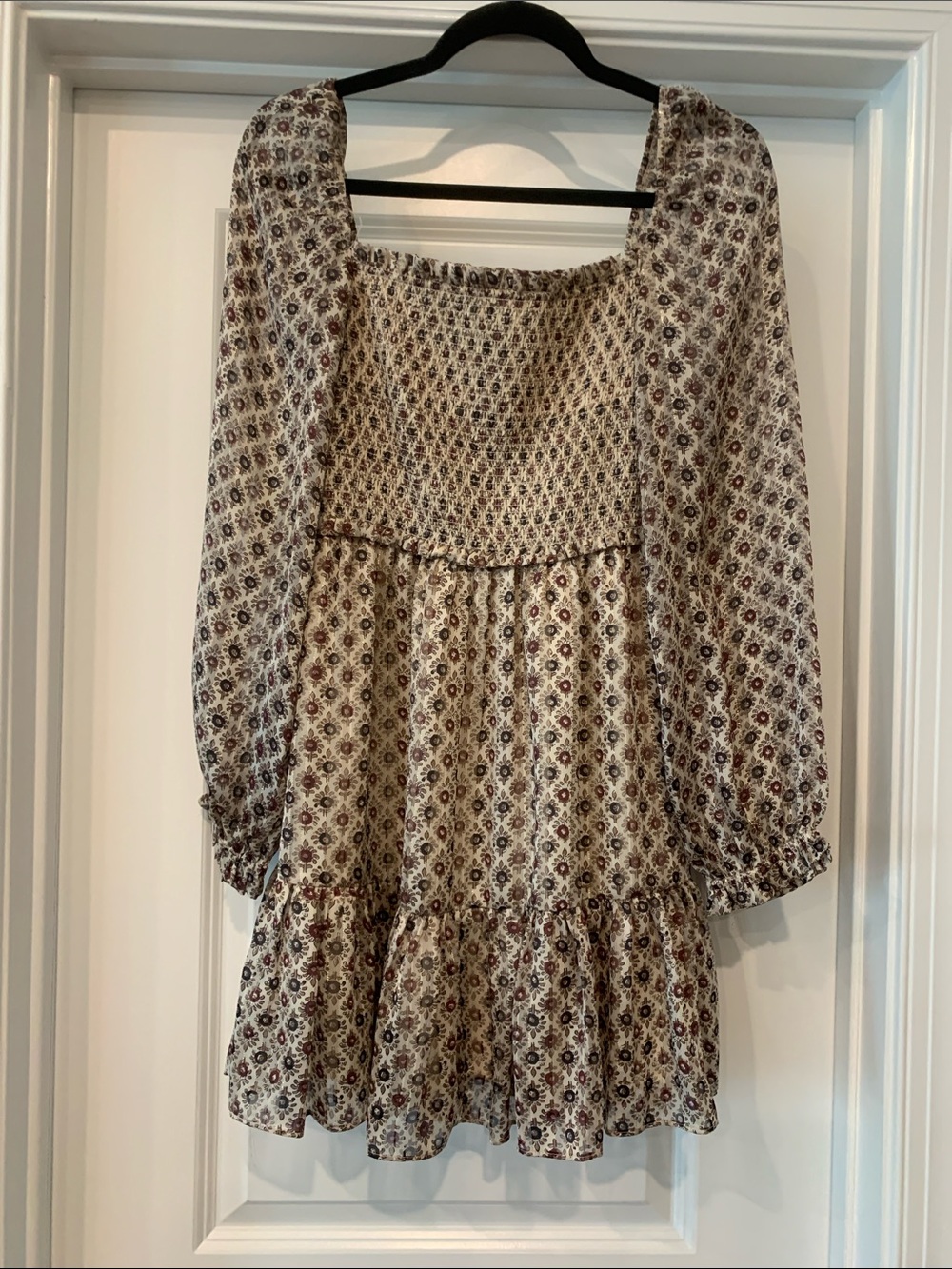 Reset Smocked Square-Neck Mini Dress in fall print side zip M NWOT
